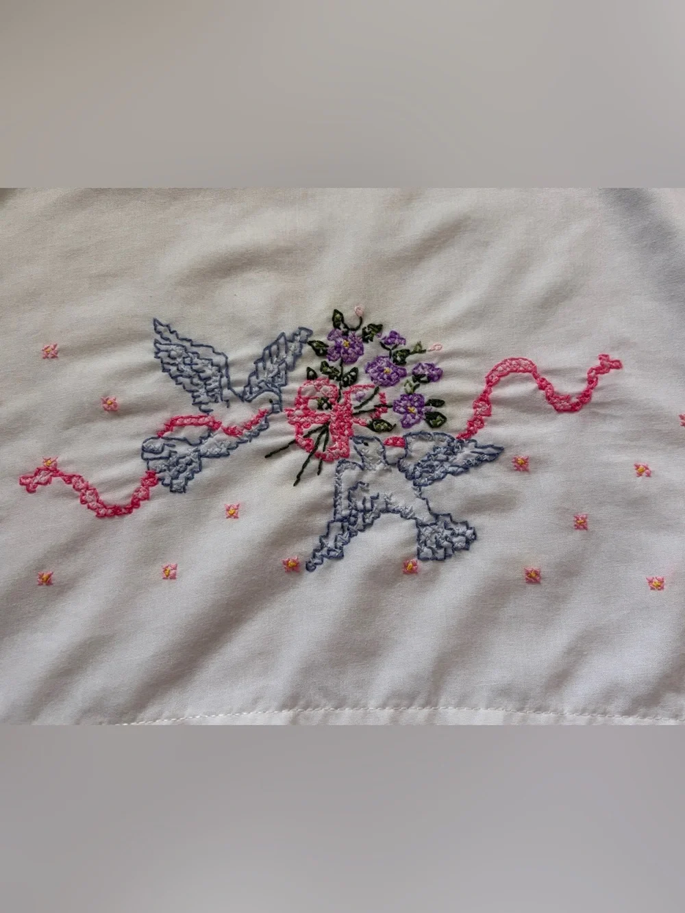 Bucilla White Pillowcases with Pink Ribbon & Multicolor Floral Embroidery - pair